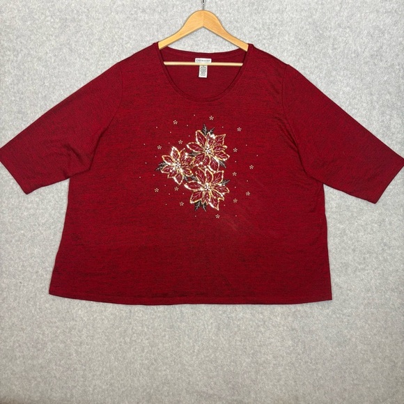 Catherines Beaded Sequin Poinsettias 3/4 Sleeve Holiday Top-Red-Women Size 3X - Picture 2 of 5